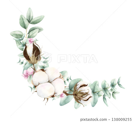 Watercolor cotton, eucalyptus, berries corner bouquet. Hand drawn botanical illustration isolated on white background. Elegant composition for wedding, birthday invitations, greeting cards, design. Watercolor cotton, eucalyptus, berries corner bouquet. Hand drawn botanical illustration isolated on white background. Elegant composition for wedding, birthday invitations, greeting cards, design. 138009255
