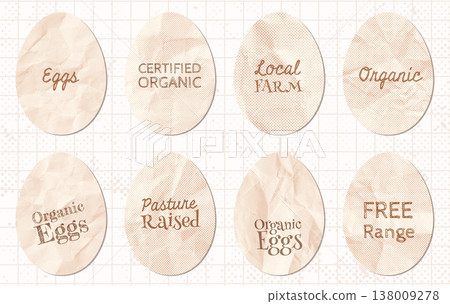 Vector halftone paper eggs, egg shaped graphic design elements for packaging and labels for organic farm and free range eggs and baking backgrounds 138009278