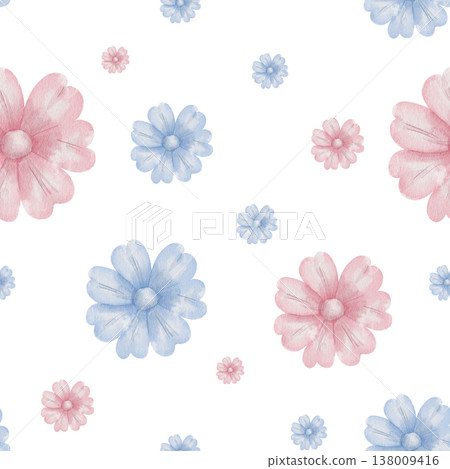 Seamless watercolor pattern featuring delicate pink and blue flowers in a soft pastel design, perfect for romantic spring wallpapers, textile prints, and wedding invitations. White background. Seamless watercolor pattern featuring delicate pink and blue flowers in a soft pastel design, perfect for romantic spring wallpapers, textile prints, and wedding invitations. White background. 138009416