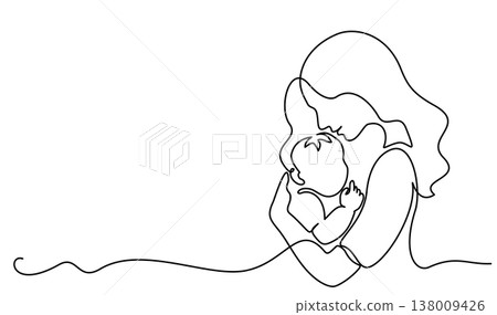 Mother Holding Baby. Continuous One Line Drawing. Motherhood and Family Love. 138009426