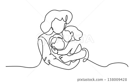 Mother hug her two children. Continuous one line drawing. Line art style hand drawn 138009428