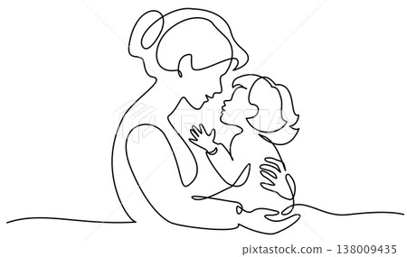 Mother Holding Baby. Continuous One Line Drawing. Motherhood and Family Love. Mother Holding Baby. Continuous One Line Drawing. Motherhood and Family Love. 138009435