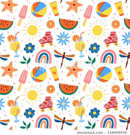 Summertime vector pattern with beach elements. Cute doodle seamless background with sun, ice cream, flowers and dragonfly. Playful colorful repeat vector illustration for kids textile, digital design 138009456