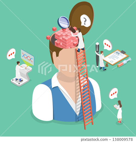 3D Isometric Flat Vector Illustration of Memory Loss, Team Examining Human Brain To Represent Memory Conditions 3D Isometric Flat Vector Illustration of Memory Loss, Team Examining Human Brain To Represent Memory Conditions 138009578