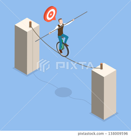 3D Isometric Flat Vector Illustration of Businessman On A Tightrope, Balancing On Unicycle 3D Isometric Flat Vector Illustration of Businessman On A Tightrope, Balancing On Unicycle 138009596