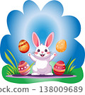 Happy Easter bunny juggling eggs for holiday cards and decor Happy Easter bunny juggling eggs for holiday cards and decor 138009689