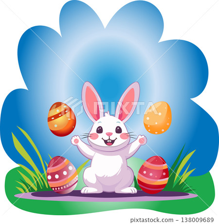 Happy Easter bunny juggling eggs for holiday cards and decor Happy Easter bunny juggling eggs for holiday cards and decor 138009689