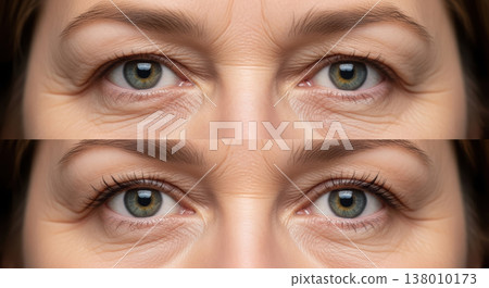 Comparison of female eyes before and after a cosmetic procedure or using an anti-aging product to reduce wrinkles. 138010173