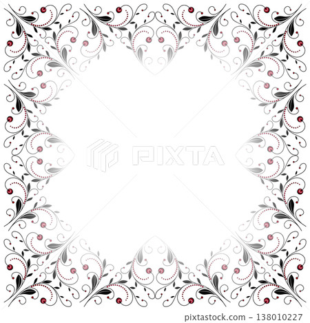 Floral elegance square frame in classic style. Ornamental pattern of swirls and curved lines. Traditional black red plant graphic ornament. Richly decorated background Floral elegance square frame in classic style. Ornamental pattern of swirls and curved lines. Traditional black red plant graphic ornament. Richly decorated background 138010227
