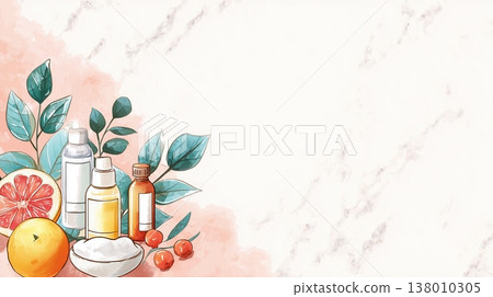 Watercolor illustration featuring natural cosmetics, bottles, herbs, and fruits on a marble background. 138010305