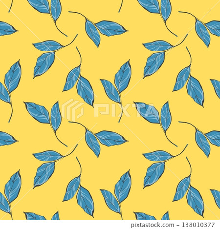 Vibrant seamless pattern with blue botanical leaves on bright yellow background in original hand drawn illustration Vibrant seamless pattern with blue botanical leaves on bright yellow background in original hand drawn illustration 138010377
