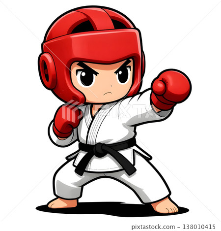 Little baby boy in TAEKWONDO dobok kimono on white background. The concept icon of martial arts, karate, judo, sports since childhood, discipline. Defence concept with copy space. 138010415