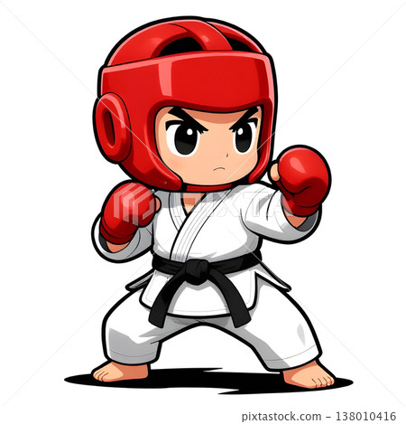 Little baby boy in TAEKWONDO dobok kimono on white background. The concept icon of martial arts, karate, judo, sports since childhood, discipline. Defence concept with copy space. 138010416