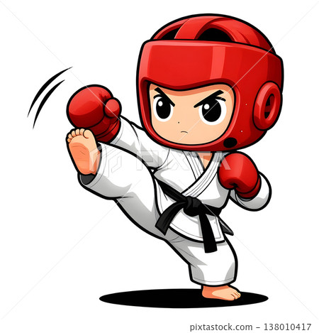 Little baby boy in TAEKWONDO dobok kimono on white background. The concept icon of martial arts, karate, judo, sports since childhood, discipline. Defence concept with copy space. 138010417