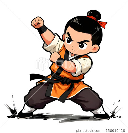 KUN-FU young fighter, graphic style, traditional color dress, in fighting pose. 138010418