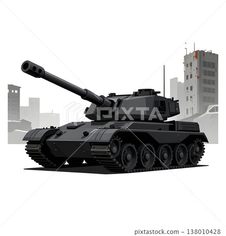 An army battle tank with a cannon on tracks. Military paint. Comic illustration. An army battle tank with a cannon on tracks. Military paint. Comic illustration. 138010428