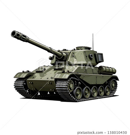 An army battle tank with a cannon on tracks. Military paint. Comic illustration. An army battle tank with a cannon on tracks. Military paint. Comic illustration. 138010430