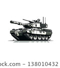 An army battle tank with a cannon on tracks. Military paint. Comic illustration. 138010432