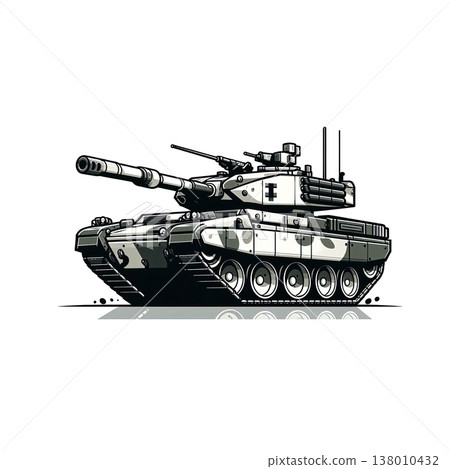An army battle tank with a cannon on tracks. Military paint. Comic illustration. An army battle tank with a cannon on tracks. Military paint. Comic illustration. 138010432