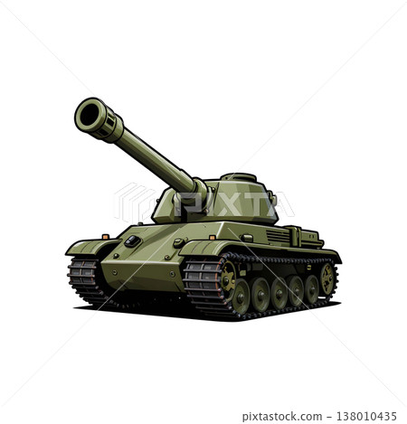 An army battle tank with a cannon on tracks. Military paint. Comic illustration. An army battle tank with a cannon on tracks. Military paint. Comic illustration. 138010435