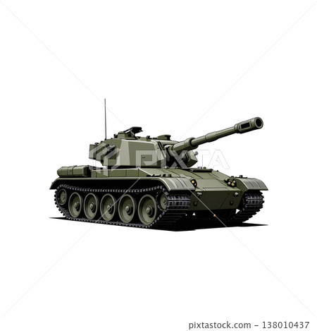An army battle tank with a cannon on tracks. Military paint. Comic illustration. An army battle tank with a cannon on tracks. Military paint. Comic illustration. 138010437