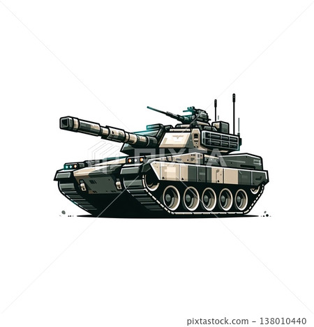 An army battle tank with a cannon on tracks. Military paint. Comic illustration. An army battle tank with a cannon on tracks. Military paint. Comic illustration. 138010440