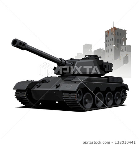 An army battle tank with a cannon on tracks. Military paint. Comic illustration. An army battle tank with a cannon on tracks. Military paint. Comic illustration. 138010441