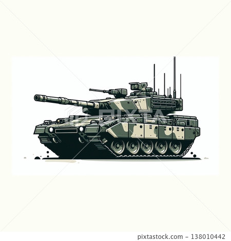 An army battle tank with a cannon on tracks. Military paint. Comic illustration. An army battle tank with a cannon on tracks. Military paint. Comic illustration. 138010442