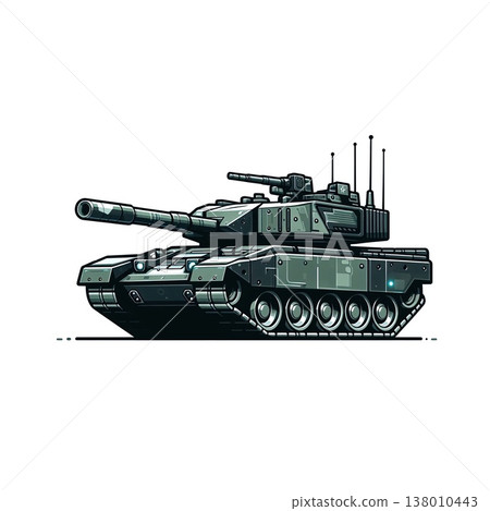 An army battle tank with a cannon on tracks. Military paint. Comic illustration. An army battle tank with a cannon on tracks. Military paint. Comic illustration. 138010443