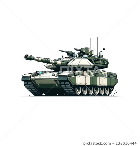 An army battle tank with a cannon on tracks. Military paint. Comic illustration. 138010444