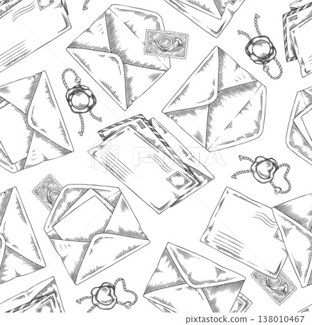 A seamless pattern of vintage postal letters: open and closed, stamped, and wax sealed. A seamless pattern of vintage postal letters: open and closed, stamped, and wax sealed. 138010467