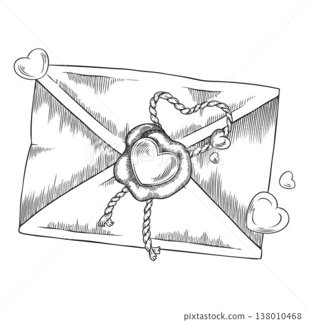Envelope with wax seal heart shape sketch, vector hand drawn engraved vintage romantic event letter, love mail message Envelope with wax seal heart shape sketch, vector hand drawn engraved vintage romantic event letter, love mail message 138010468