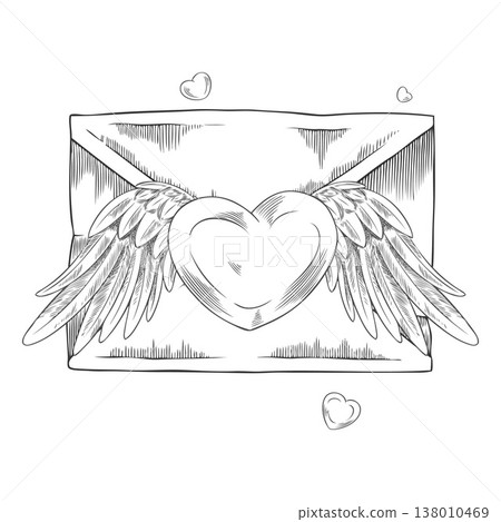 Envelope letter with heart and wings vector sketch, hand drawn engraved romantic Valentine's Day gift, love mail message Envelope letter with heart and wings vector sketch, hand drawn engraved romantic Valentine's Day gift, love mail message 138010469