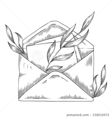 Open envelope with leaves vector sketch, engraved hand drawn paper letter envelope, postal mail message vintage symbol 138010472