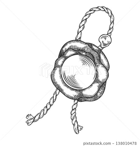 Vintage sketch of a wax seal, round, with a cord in a hand-engraved style. 138010478