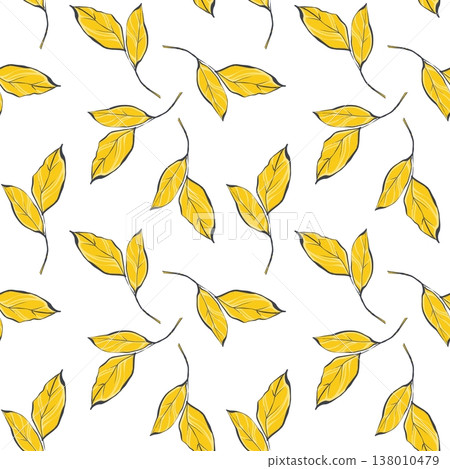 Seamless pattern with yellow autumn leaves on white background in original hand drawn illustration 138010479