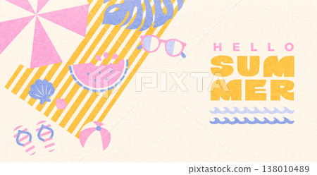 Greeting summer textured banner. Party place top view. Beach umbrella, sunglasses, watermelon, seashells and ball. Summer positive vibe design. Template for sales, posters, covers, ads. Vector Greeting summer textured banner. Party place top view. Beach umbrella, sunglasses, watermelon, seashells and ball. Summer positive vibe design. Template for sales, posters, covers, ads. Vector 138010489