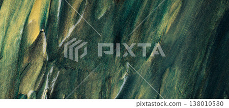 Abstract green and gold oil paint brushstrokes with glitter texture on canvas 138010580