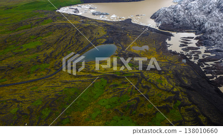 Aerial View of Icelandic Glacier, Lagoon, and Volcanic Terrain Aerial View of Icelandic Glacier, Lagoon, and Volcanic Terrain 138010660