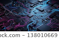 Abstract Futuristic Circuit Board Macro with Glowing Neon Blue and Magenta Traces 138010669