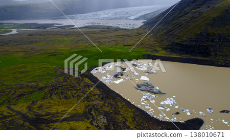 Aerial View of Iceland's Glacial Lagoon with Icebergs and Glacier 138010671