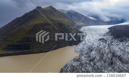 Aerial View of Icelandic Glacier and Volcanic Mountains 138010687