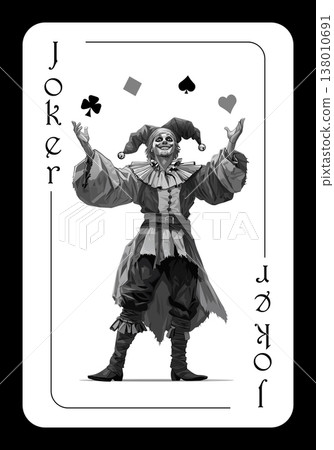 Black Joker, playing card with featuring a medieval jester in a cartoon style Black Joker, playing card with featuring a medieval jester in a cartoon style 138010691