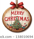Round wooden christmas ornament with merry christmas text 138010694