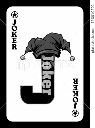 Black and white joker playing card with letter j and jester hat 138010701
