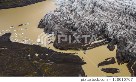Aerial View of Icelandic Glacier and Milky Glacial Lake 138010707