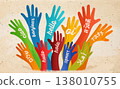 Colorful hands with Hello in many languages symbolizing global diversity inclusion and equality 138010755