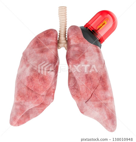 Human lungs with red emergency beacon, concept of respiratory emergency, lung disease warning. 3d rendering Human lungs with red emergency beacon, concept of respiratory emergency, lung disease warning. 3d rendering 138010948