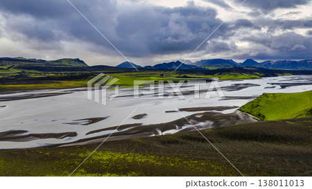 Aerial View of Iceland's Volcanic Landscape with River and Moss Aerial View of Iceland's Volcanic Landscape with River and Moss 138011013