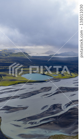 Aerial View of Braided River and Volcanic Terrain in Iceland 138011030